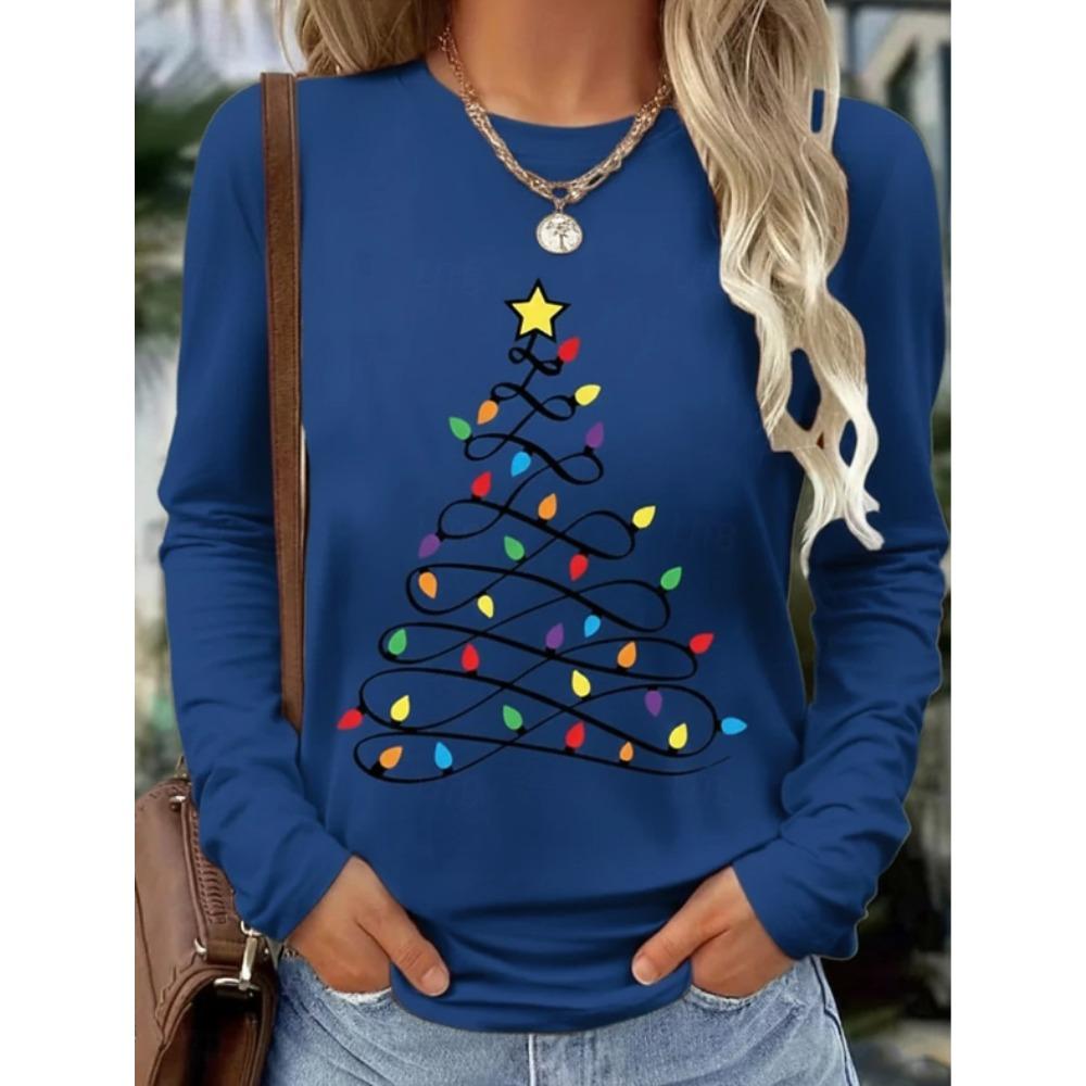 Tops for Women Christmas print Round Neck Long Sleeve T-shirt Fall Casual Slim Pullover Women's Long Sleeve Top