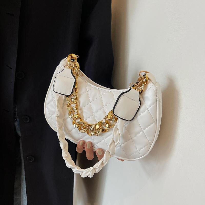 

2024 осень новая простая сумка-мессенджер через плечо повседневная ретро модная цепочка подмышечная сумка вышитая нитью портативная сумка в форме полумесяца белый
