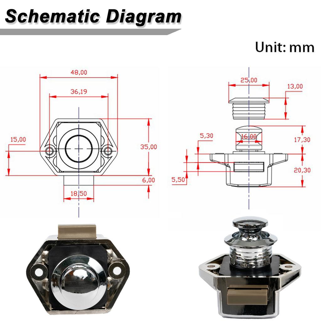 2x Chrome Push Button Szuflada Szafka Drzwi Zatrzask Gałka Zamki Szafki Bezpieczeństwo Blokada Ochrona Catch Lock Caravan RV Samochód kempingowy