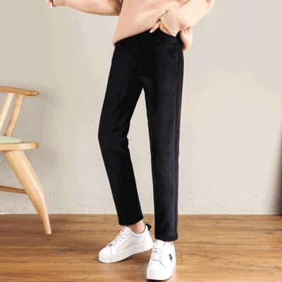 Women Autumn Winter Corduroy Harem Pants Elastic Waist Pockets Solid Color Long Trousers Thickened Fleece Lining Casual Pants