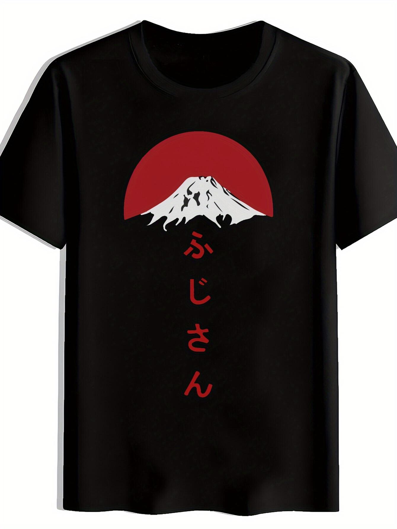 Japanese-Inspired Graphic Print T-shirt - Black Mount Fuji & Red Sun Design with Japanese Text S