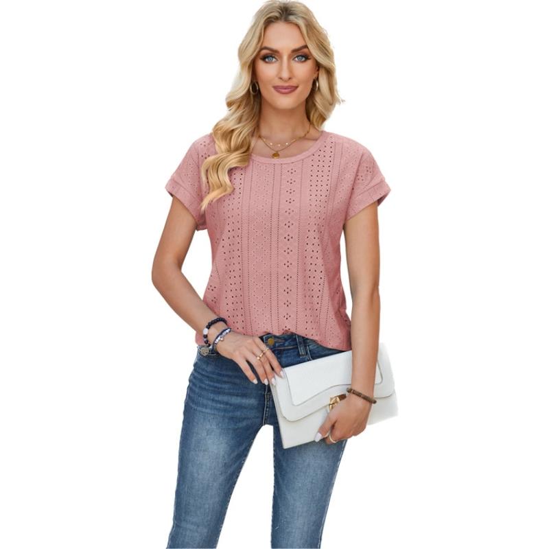 Women's Clothing Spring Summer New Loose Round Neck Eyelet Lace Solid Color T-shirt