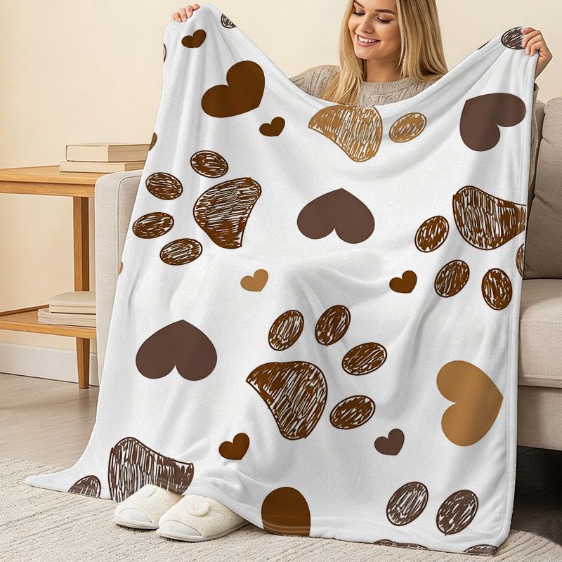 Soft Flannel Blanket with Heart & Paw Print – Skin-friendly, Cozy Warm for Home, Bedroom & Dorm, Halloween & Christmas