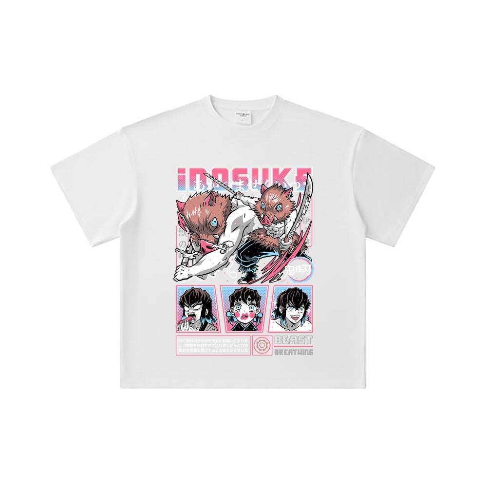 260 GSM Double Yarn 32 Count 100% Cotton Demon Slayer V28 Inosuke Print Unisex Heavy Cotton T Shirt