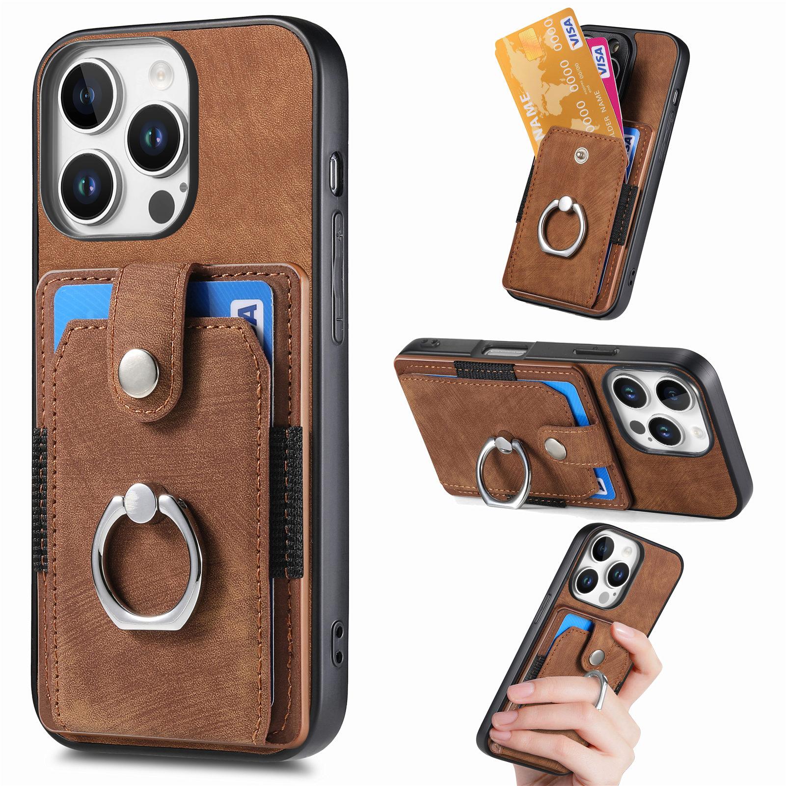 

D2 for iPhone 16 Pro Case Kickstand Leather+TPU Non-Slip Protective Cover Card Slots Brown