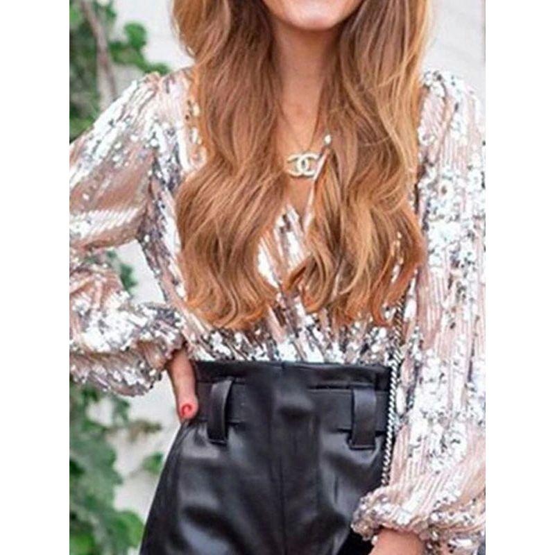 Women's Sequined V-neck Long Sleeve Shirt Sequins V-neck Long sleeve Top Women