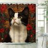 1 Stück Elegante Schwarz-Weiß-Katzenkunst Duschvorhang mit Grünen Augen - Vintage Florales Rahmendesign, Polyestergewebe, 12 Haken