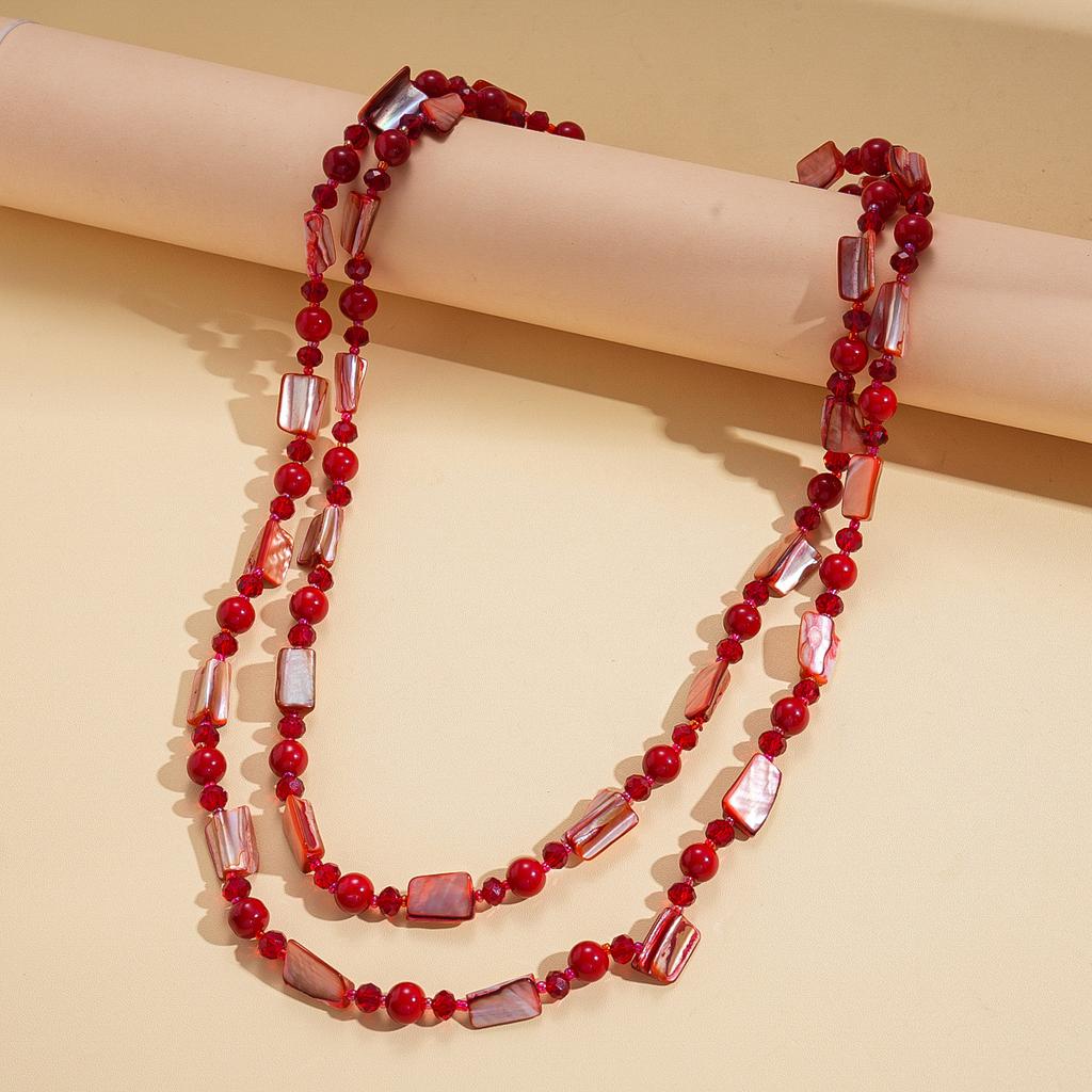 Shell Crystal Geometric Beaded Stacked with Sweater Chain Bohemian Vacation Vintage Necklace