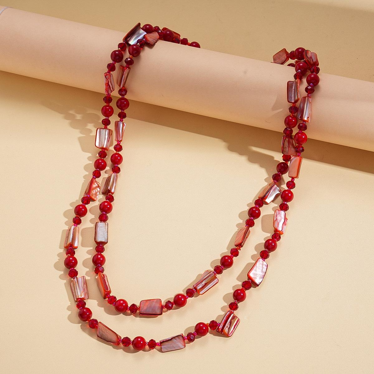 Ракушка Кристалл Геометрический Бисерный Многослойный с Цепочкой для Свитера Богемный Отпуск Винтажное Ожерелье