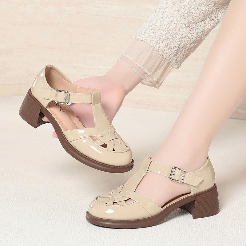 Fashion Roman Shoes In Summer Hollow Single Shoes Thick Heel Woven Pig Cage Shoes Hollowed Out Women's Bag-Toe Sandal Casual Fashionable