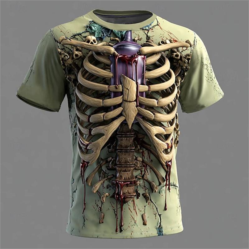 New Halloween Men's 3D Bone Print T-shirt Round-neck Short-sleeved T-shirt Shirt Horror Party Top Street Fashion Clothing