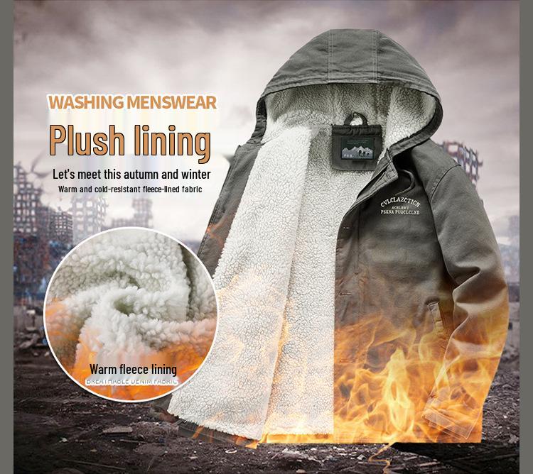 Lambswool Hooded Fleece-Lined Coat, Warm Outdoor Casual Plus Size Cotton Jacket