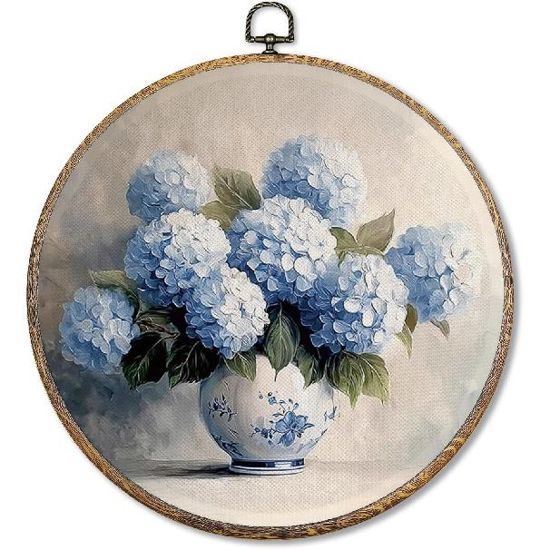Sufamb Синяя Гортензия Круглый Декор Настенного Искусства, Синяя Гортензия Цветочный Ботанический Холст Художественное Произведение В Рамке, Рустик Коттеджкор Цветочные Настенные Постеры hydrangea-01