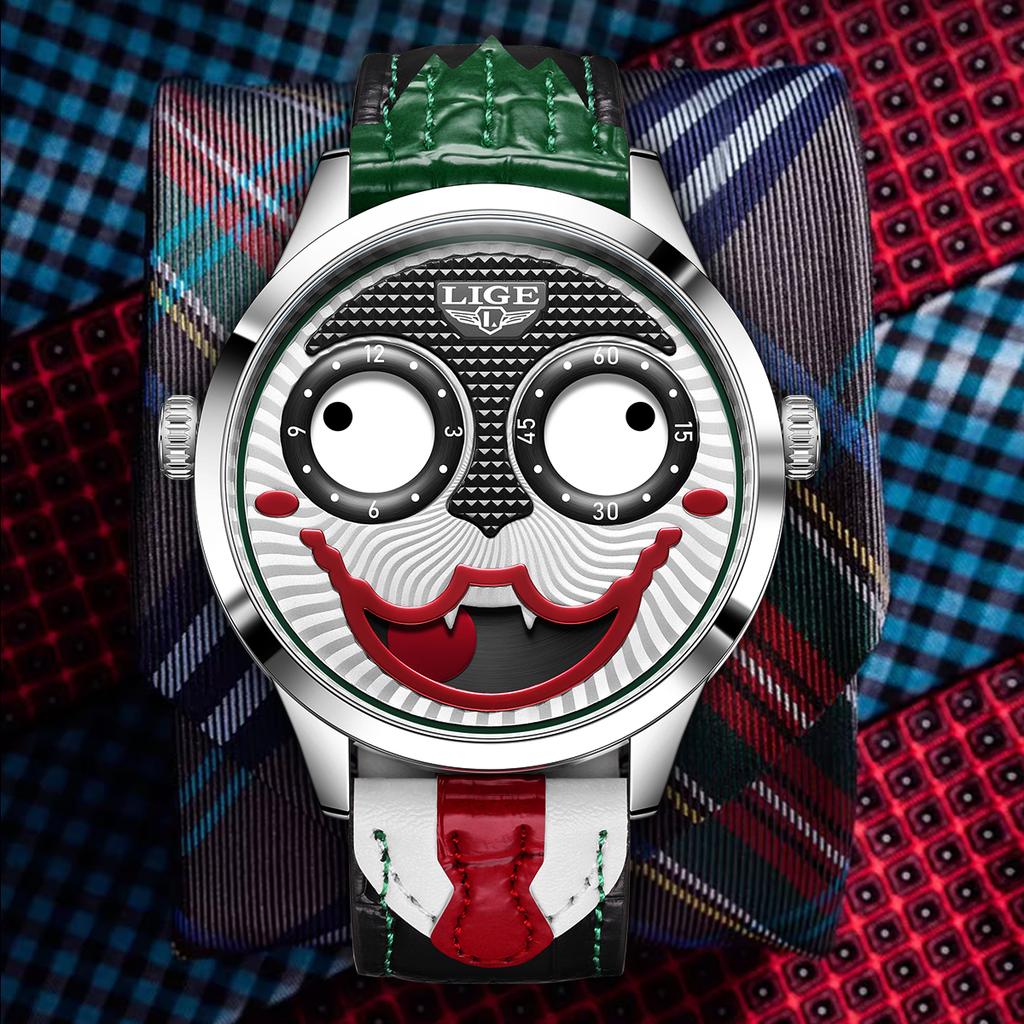 LIGE Creative Joker Watch Men Men's Clown Watches Fashion Leather Strap Waterproof Quartz Wristwatches Moon Phase Clock+BOX