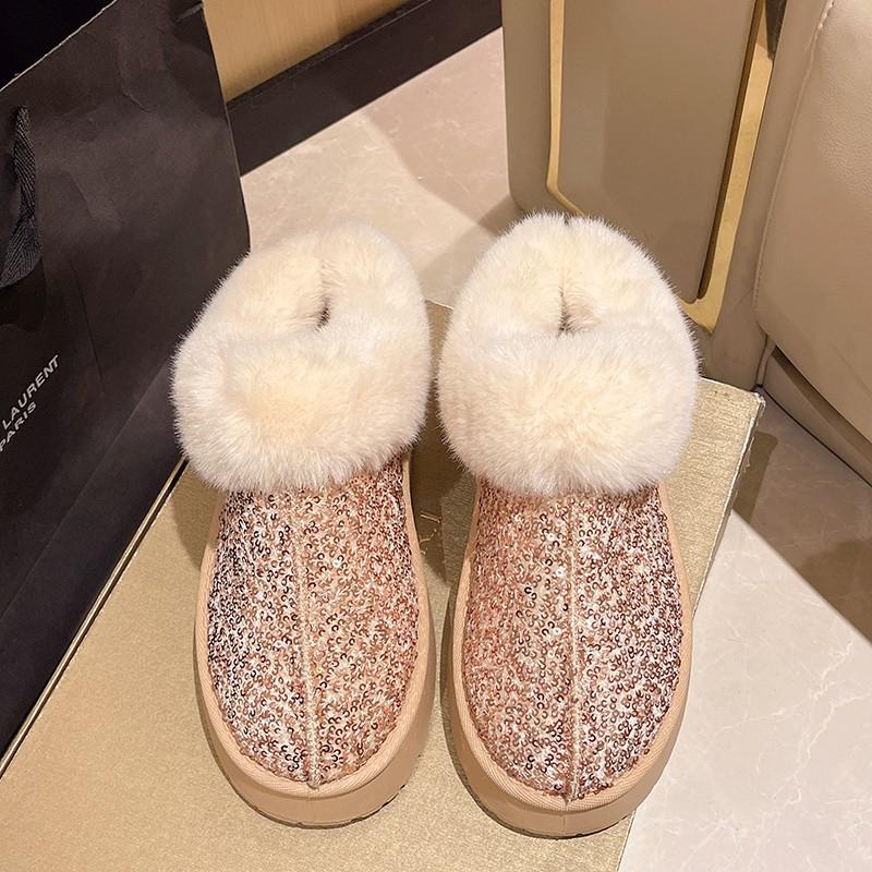 Fashion Bling Platform Flats Fur Ankle Boots Sneaker Shoes Winter 2025 Trend New Gladiator Short Plush Warm Casual Walking Botas Mujer