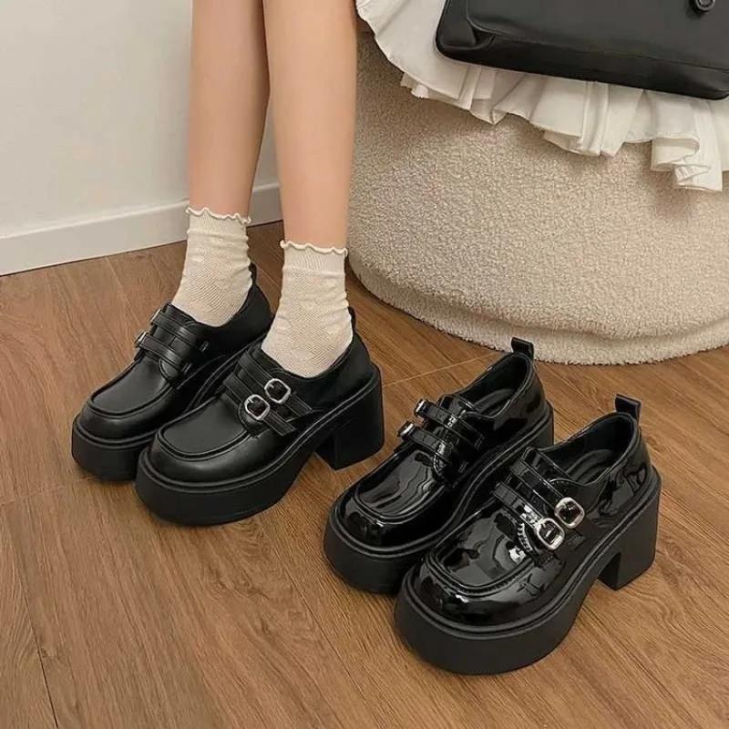 Fashion Women's Thick Heel Shoes Spring New Round Head Deep Mouth Metal Buckle Thick Sole Anti-slip Wear-resistant High Heels