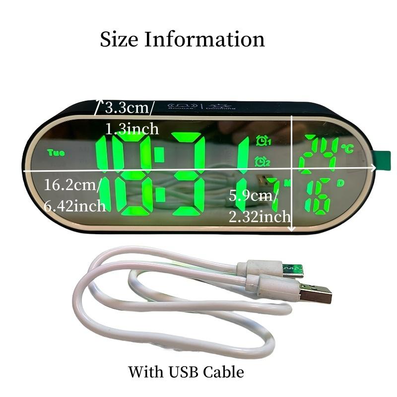 Wiederaufladbarer digitaler Wecker, Temperatur, Datum, Woche, 2 Alarme, Nachtmodus, Schlummerfunktion, 12/24 Stunden, Anti-Störung, Sprachsteuerung, LED-Spiegeluhr