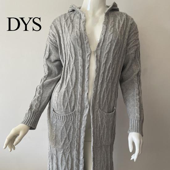 Hooded Coat Women Sweater Jacket with Pockets Mid Length Knitted Twisted Texture Solid Winter Color Long Sleeve Plus Size Thick Daily Commuting