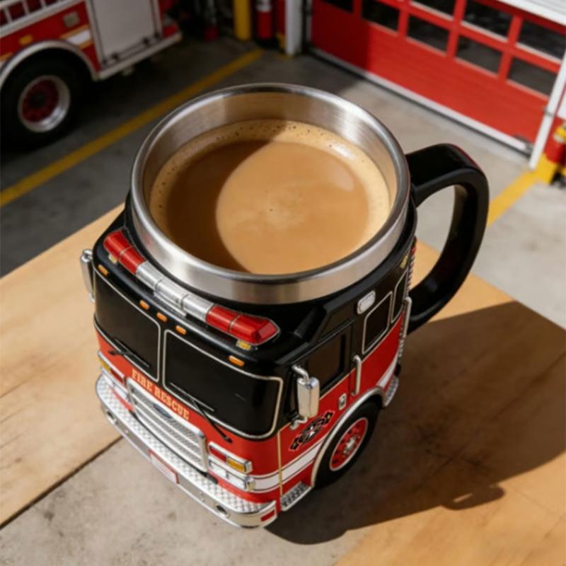 Portable Insulated Fire Truck Shape Coffee Cup with Detailed Design Drinking Cup Suitable for Gift Givings or Individual