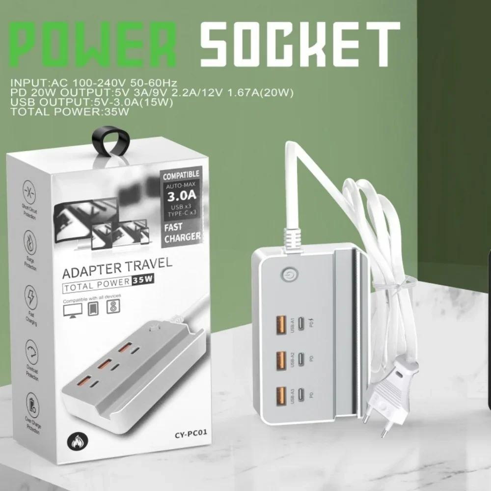 USB Type C Phone Charger Socket 35W 6 Ports Fast Charging Desktop Power Strip with Phone Holder for IPhone Samsung Xiaomi Huawei