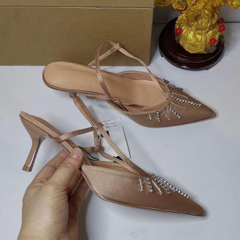 Fashion Fashion Rhinestones Satin Mary Janes Women Pumps Summer Slingbacks Office Lady Stiletto High heels Elegant Party Dress Shoes