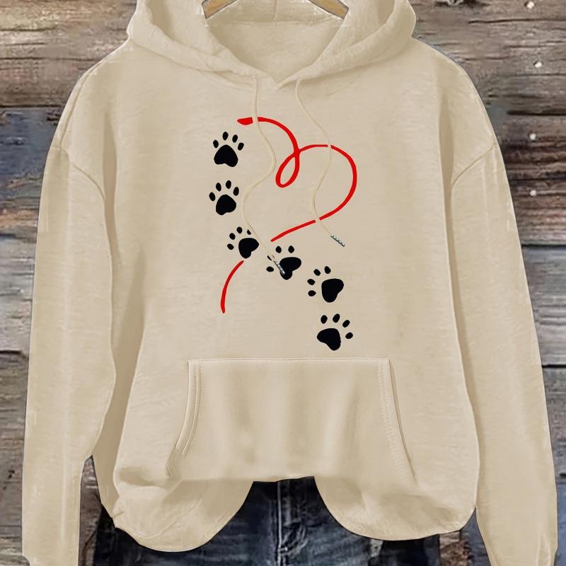 Women's Heart & Paw Print Casual Hoodie - Cozy Polyester Pullover
