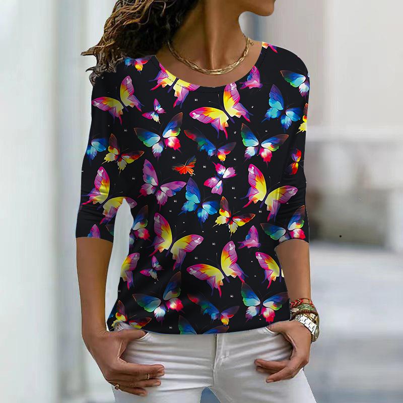 Women Autumn Tops Loose Blue Beautiful Butterfly Print Causal Long Sleeve T-shirt Top Blouse