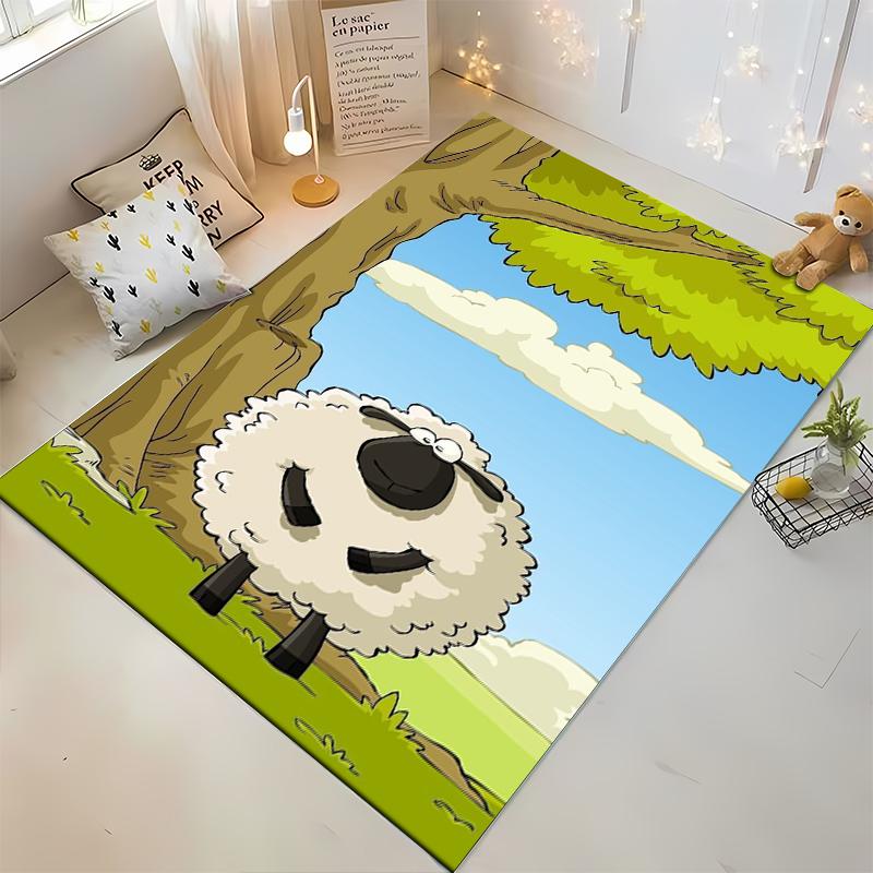 Cartoon Sheep Landscape Carpet for Kids Room, Green and Blue Decor Suitable for Use As an Anti-slip for Living Room Bedroom Sofas