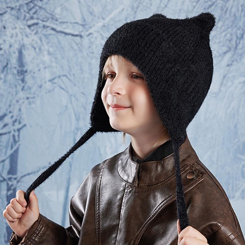 Thickened Knitted Cap Winter Hat For Kids With Thermal Ear Protection Cold Weather Windproof Design Polyester