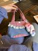 Korean Artistic Retro Plaid Handbag with Lace Trim In Red & Blue