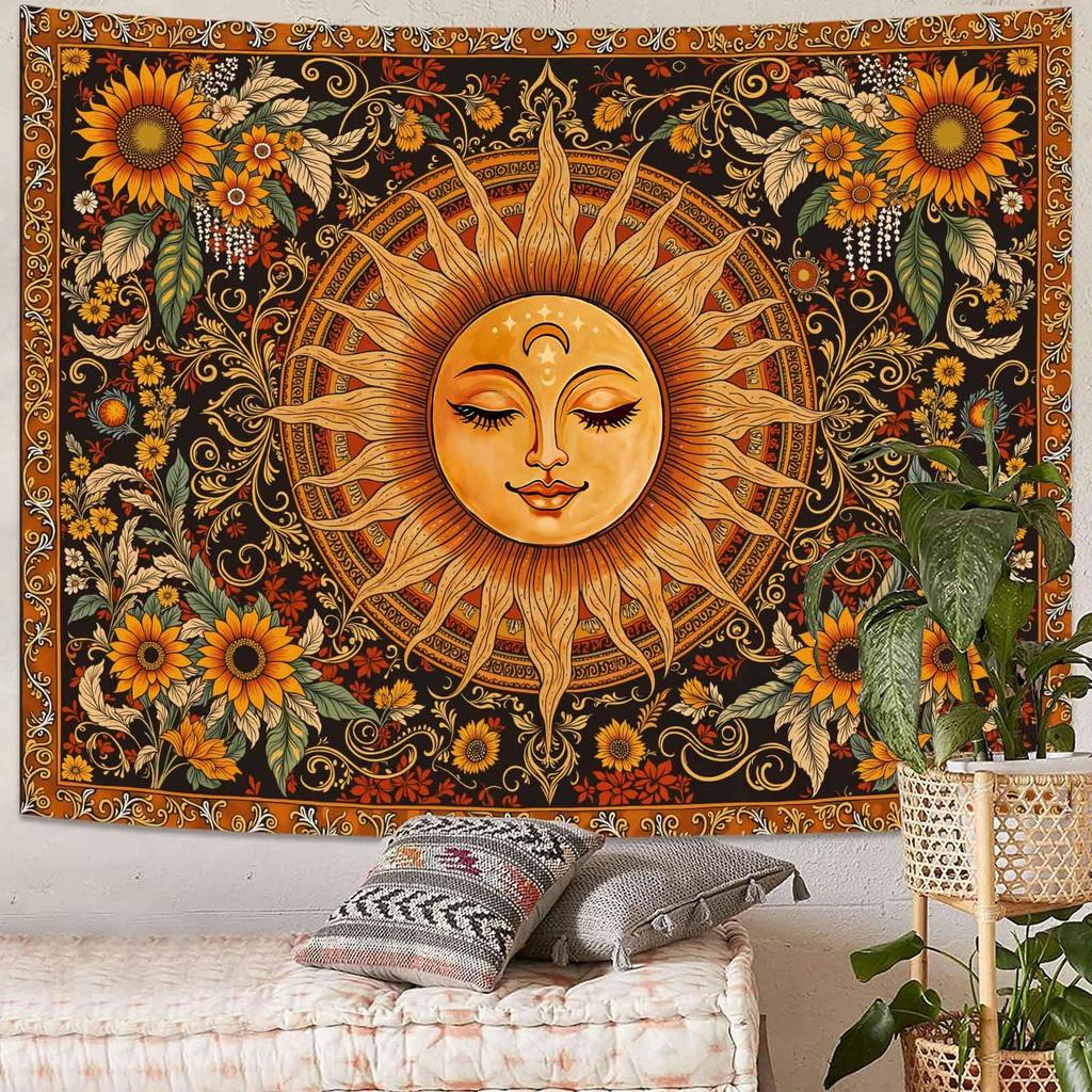 Boho Sun and Moon Tapestry, Colorful Celestial Starry Sky Mandala Print Wall Hanging for Bedroom Living Room Dorm Decor
