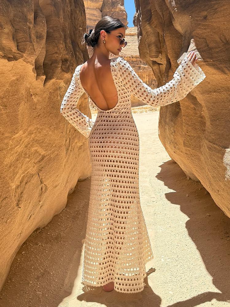 

Sexy Knit Mesh Backless Long Bell Sleeve Beach Maxi Dress 2025 Women s Summer Slim Outfits Vacation Swimsuit Cover Up Tunic K205 L античний білий колір