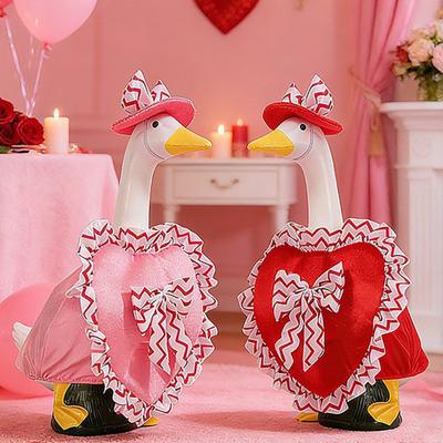 Valentine's Day Porch Goose Outfit Heart Shaped Ruffled Costume Bow Hat Lawn Goose Apparel Fits 23 Inch Goose Statue for Garden Patio Decor