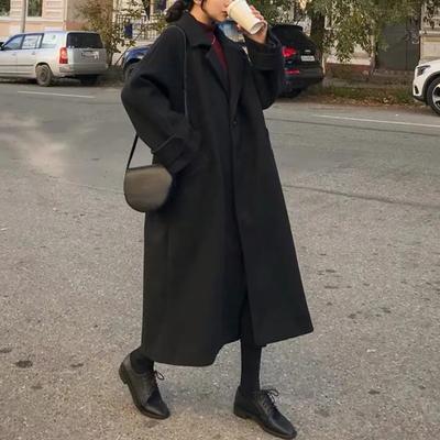 Autumn Women Elegant Woolen Coat Korean Fashion Black All Match Long Jacket Female Winter Thicken Warm Loose Blends Overcoat New
