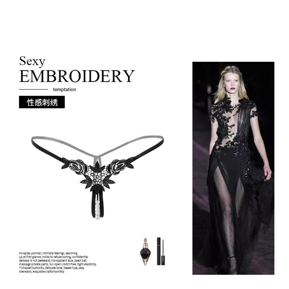 Sexy Panties Women's Hollow Embroidery Sexy Thong Pearl Massage Crotch Panties Ladies Thong