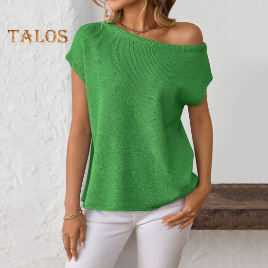 Women Tops Short Sleeve Screw Collar Solid Color T-Shirt Spring Summer Stretchy Pullover Tops Daily Wear