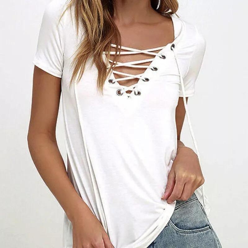 Women Short Sleeve T-Shirt Sexy V-Neck Tops Ladies Summer Casual Pullover Blouse