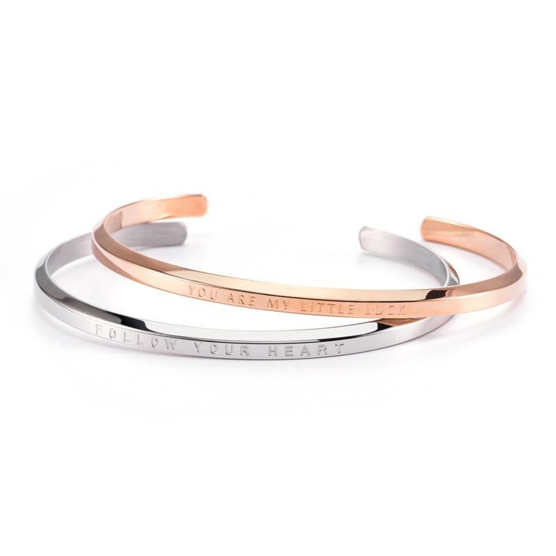 Titanium Steel C-Shaped Engraved "Follow Your Heart" Open Bracelet for Couples