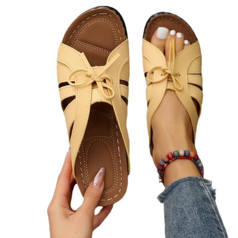 New summer women's wedge heel fish mouth slippers solid color large size bow decorative sandals women