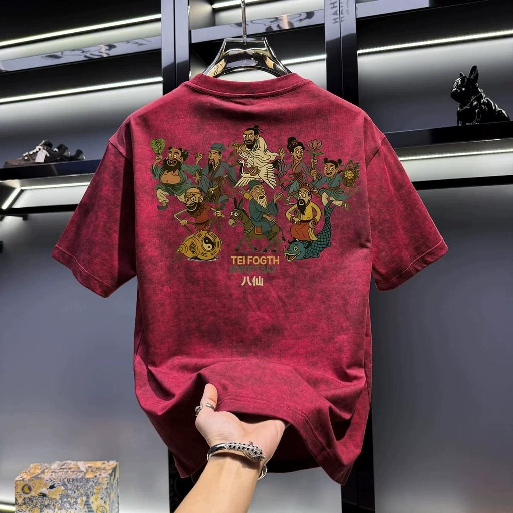 Cotton Round Neck Trendy Tops, Fashionable and Versatile Men's T-shirts, Loose Printed Short Sleeves for Couples