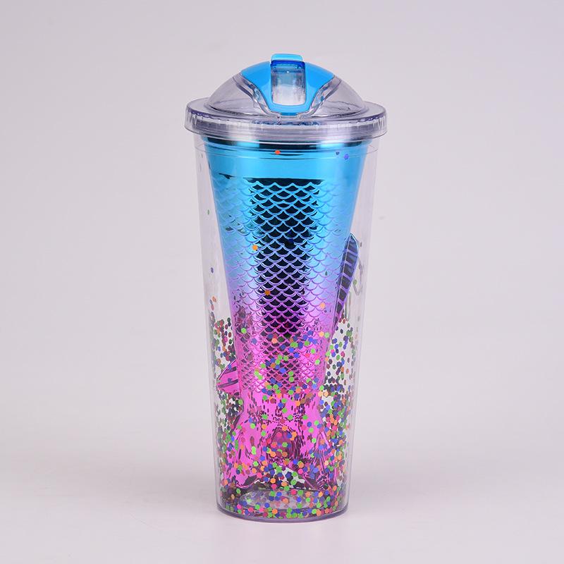 Double Layer Plastic Cup Creative Gradual Change Mermaid Tail Straw Cup Appearance Electroplating Color Sequined Water Cup