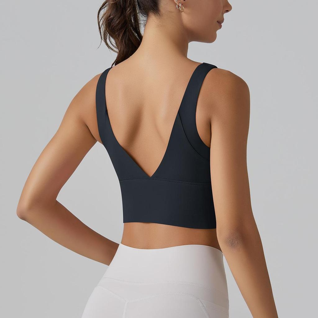 Nude Yoga Sports Bra with Deep V and Beautiful Back - Women's Fitness Vest with Integrated Cup