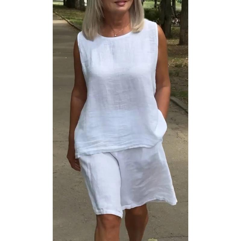 

Женский повседневный комплект без рукавов из хлопка и льна с круглым вырезом XL белый