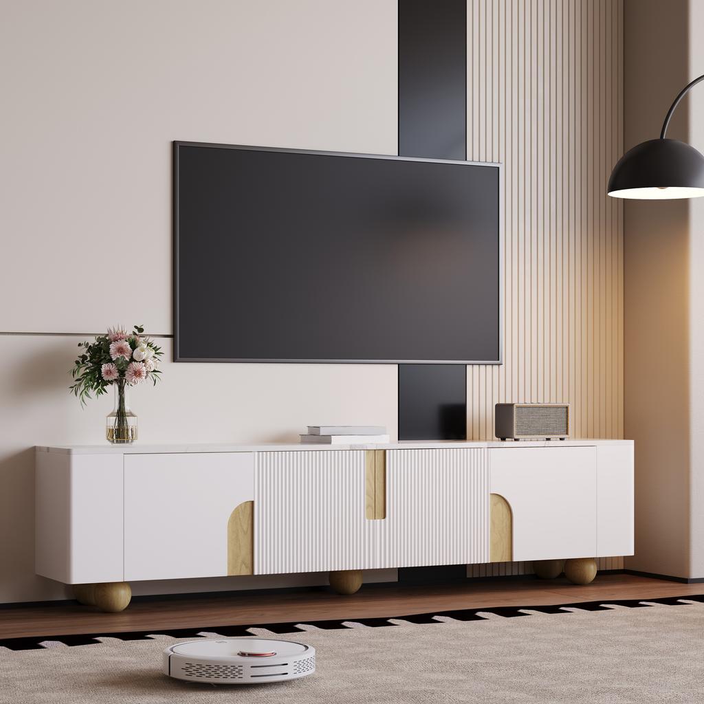 White TV Cabinet 180 Cm, 4 Doors, Elegant Design, Marble-look Surface, Spherical Wooden Feet