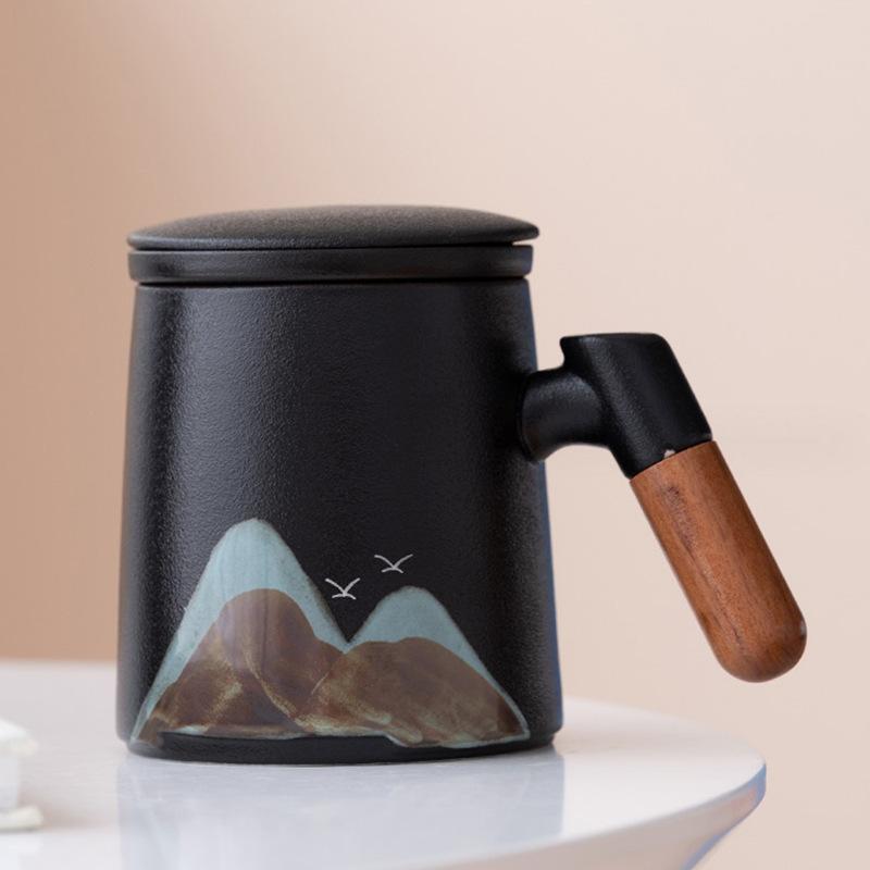 Guochao Holzgriff Yuanshan Keramiktasse mit Deckel Qianli Weißporzellan Jiangshan Büro Tee- und Wasserseparation Geschäftsgeschenk