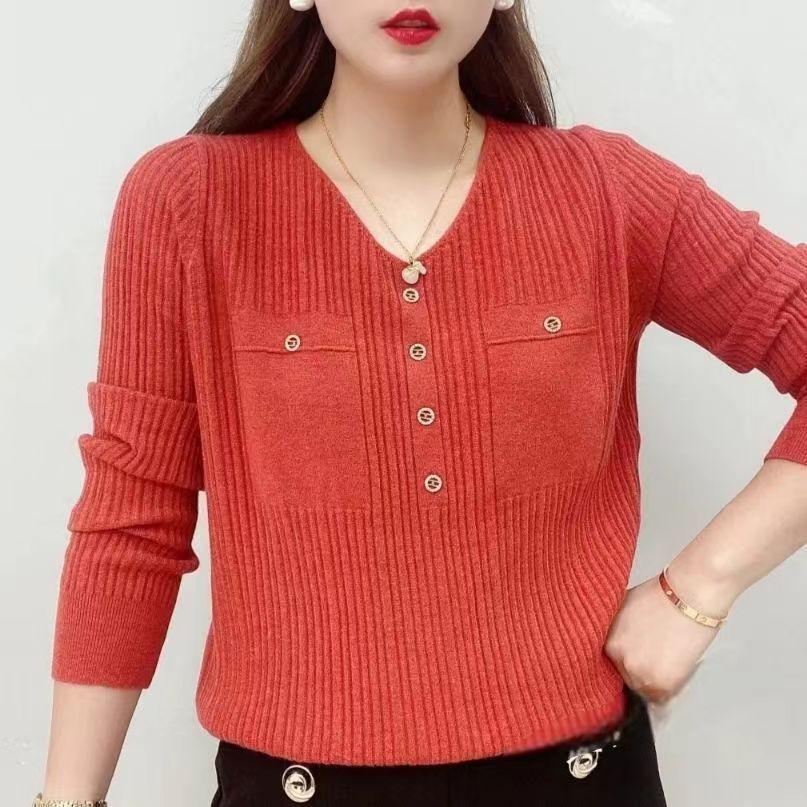 Women's Autumn Sweater Long Sleeve Knit V-Neck Pullover Loose Thin Sweater Top