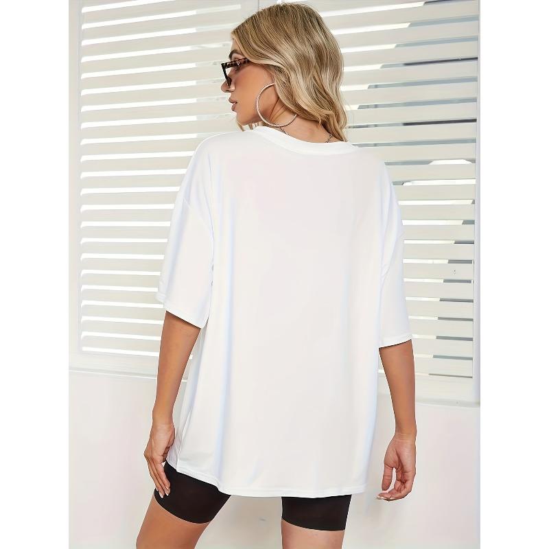 Damen T-Shirt mit Smiley-Gesichtsdruck auf der linken Brust, Rundhalsausschnitt, Kurze Ärmel, Lässiges Alltags-Top