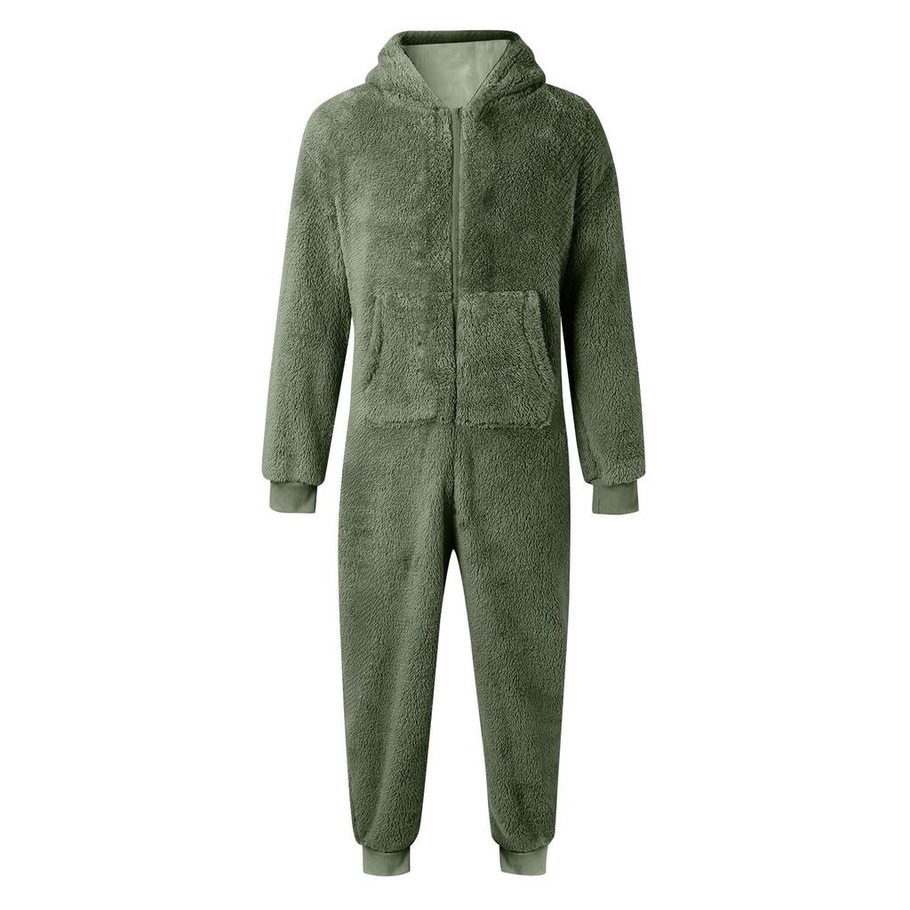 Kinder Mode Einfarbiges Fleece Kapuzen-Onesie Haus Schlafanzug Body