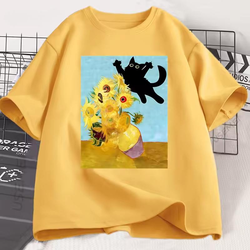 Vincent Van Gogh Cat T-shirt Women Sunflowers Print Tshirt Funny Cute Cat Kitten T Shirt Cotton Short Sleeve Clothes