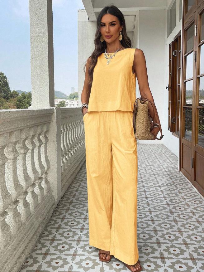 Women's Loose Fit Two Piece Outfit Sleeveless Tank Top High Waist Wide Leg Pantsuit